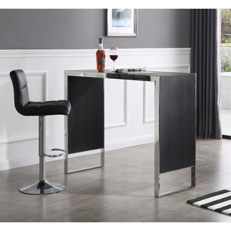 Pemberly Row Rectangular Modern Wood & Stainless Steel Bar Table in Black