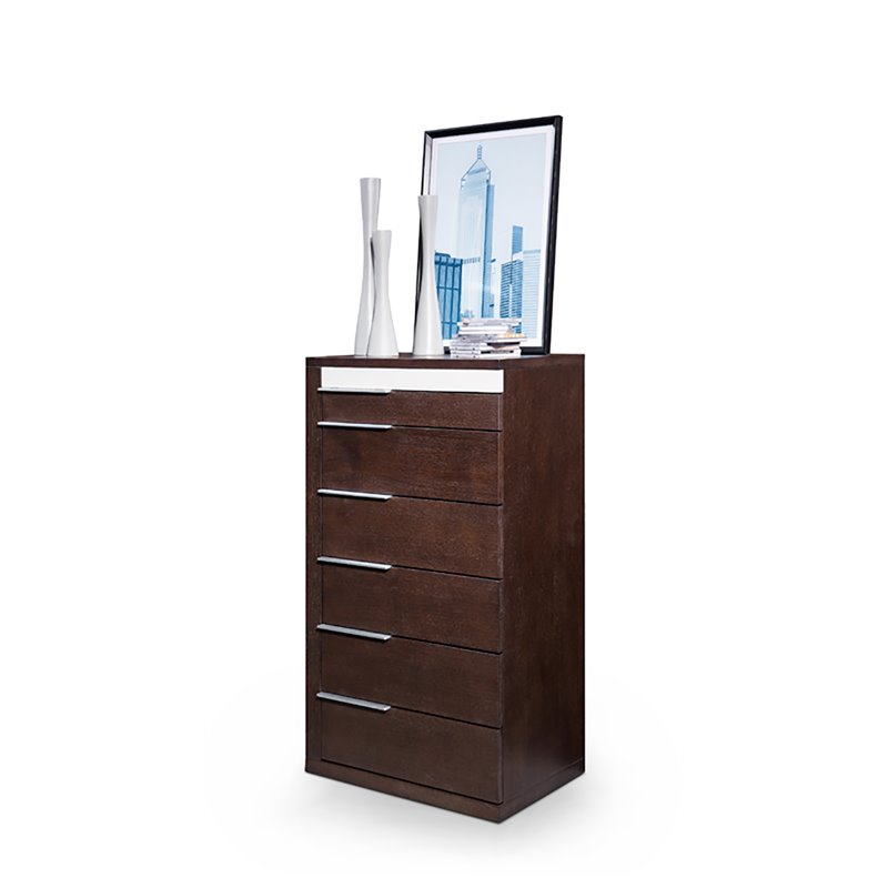 Pemberly Row 6-Drawer Wood Veneer & Metal Chest in Brown Oak/Gray Gloss