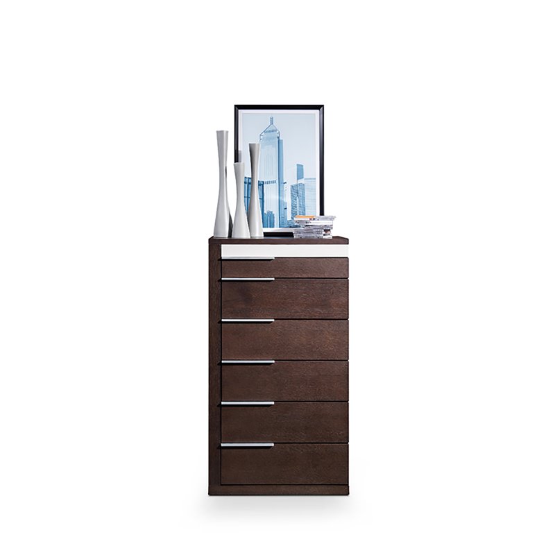 Pemberly Row 6-Drawer Wood Veneer & Metal Chest in Brown Oak/Gray Gloss