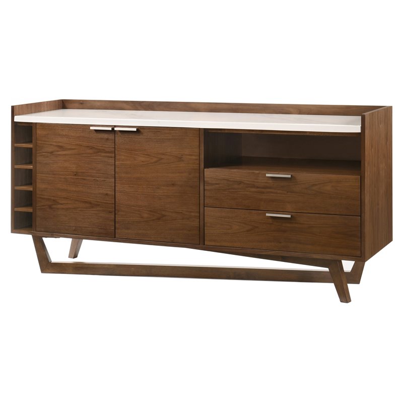 Pemberly Row 2-Door 2-Drawer Modern Wood and Marble Buffet in Walnut