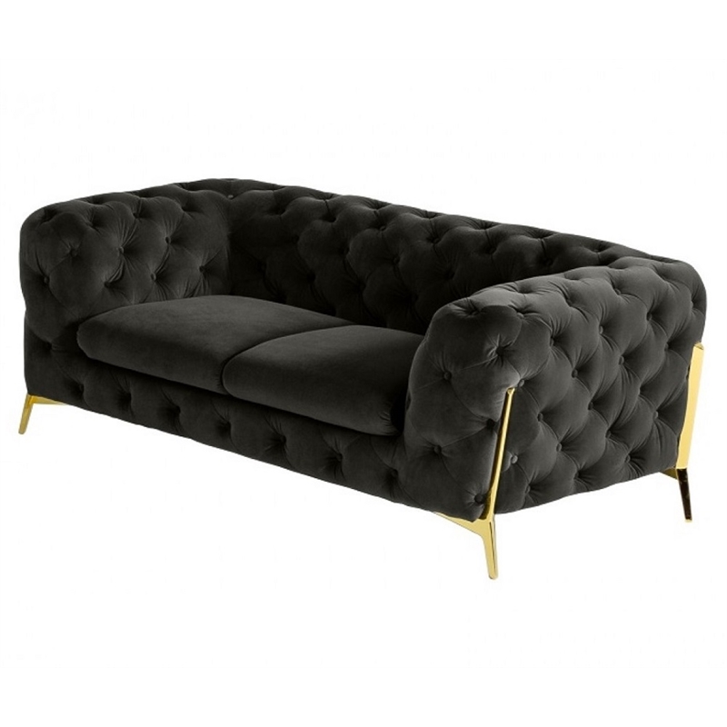 Pemberly Row Velour Fabric Upholstered Loveseat in Dark Gray & Gold Legs