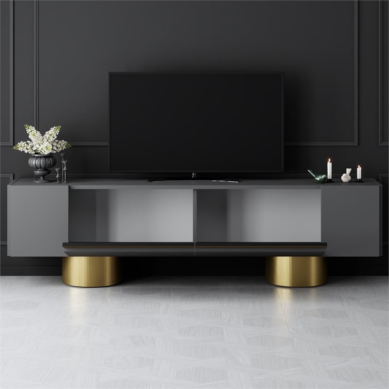 Pemberly Row Anthracite TV Stand with Gold Accents and Storage