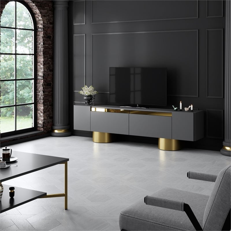 Pemberly Row Anthracite TV Stand with Gold Accents and Storage
