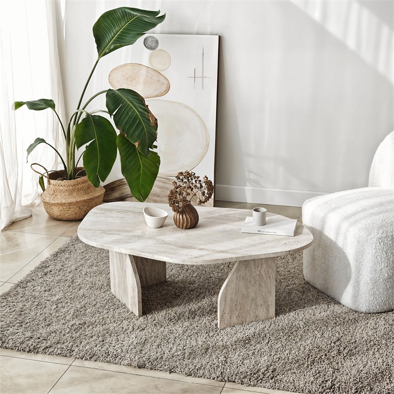 Pemberly Row Rock Coffee Table in Travertine Color Finish