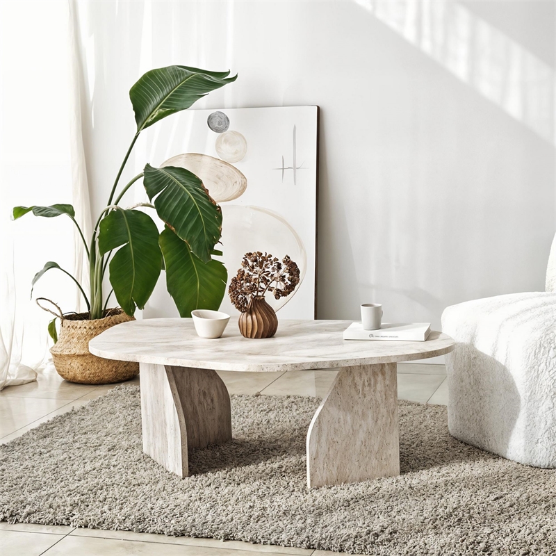 Pemberly Row Rock Coffee Table in Travertine Color Finish