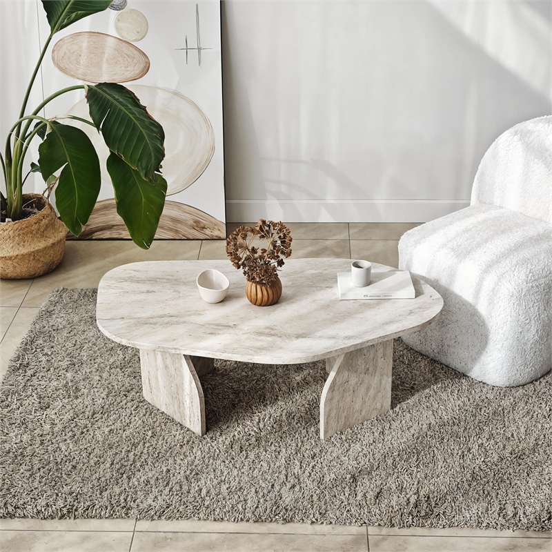 Pemberly Row Rock Coffee Table in Travertine Color Finish