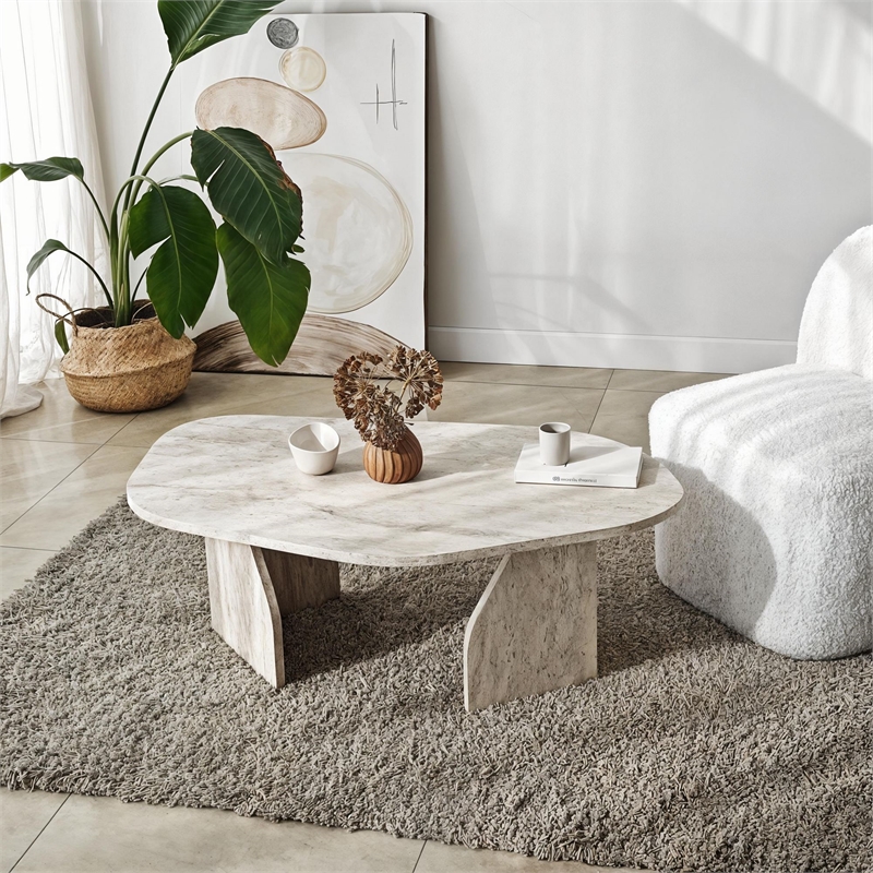 Pemberly Row Rock Coffee Table in Travertine Color Finish