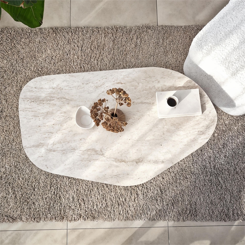 Pemberly Row Rock Coffee Table in Travertine Color Finish
