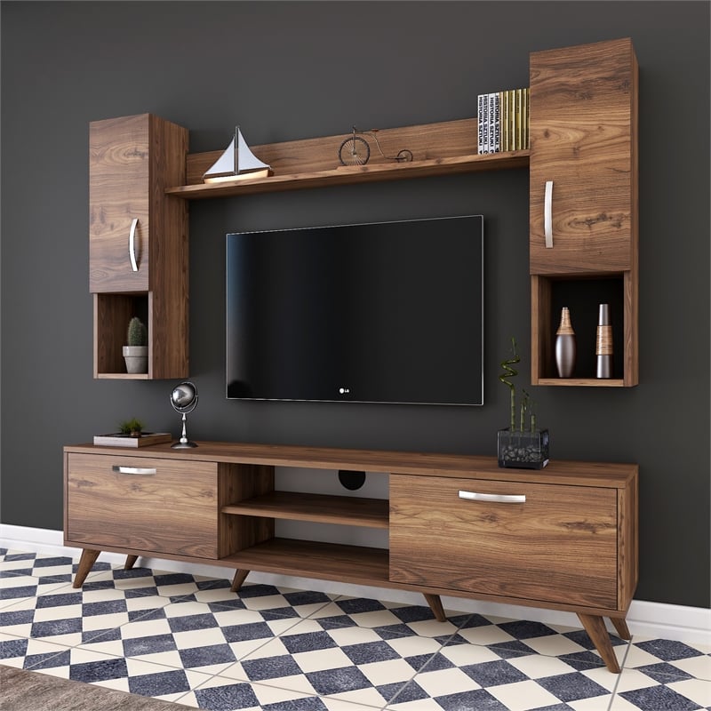 Pemberly Row M27-284 TV Unit in Walnut Finish with Versatile Storage