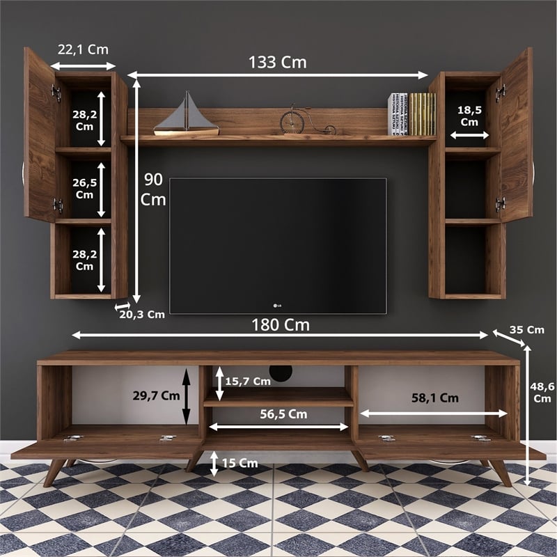 Pemberly Row M27-284 TV Unit in Walnut Finish with Versatile Storage