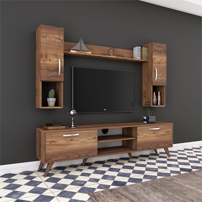 Pemberly Row M27-284 TV Unit in Walnut Finish with Versatile Storage