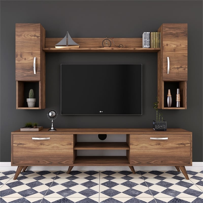 Pemberly Row M27-284 TV Unit in Walnut Finish with Versatile Storage