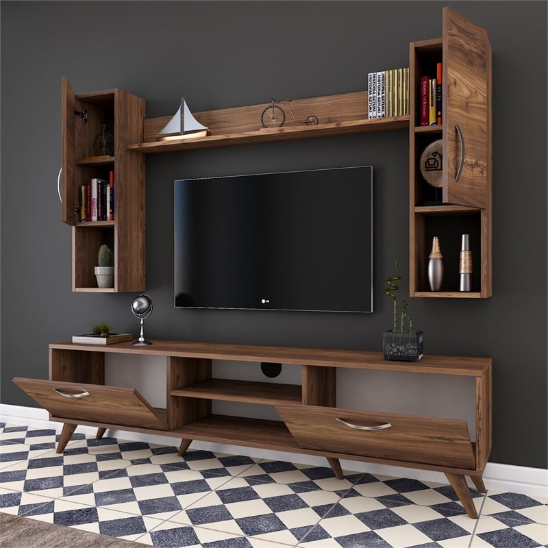 Pemberly Row M27-284 TV Unit in Walnut Finish with Versatile Storage