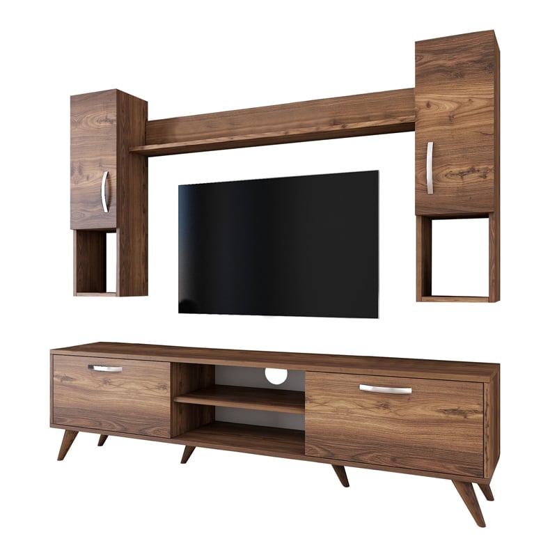 Pemberly Row M27-284 TV Unit in Walnut Finish with Versatile Storage