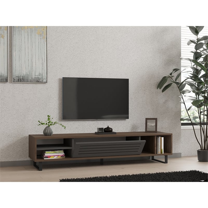 Pemberly Row Eray TV Stand in Walnut and Anthracite with Storage