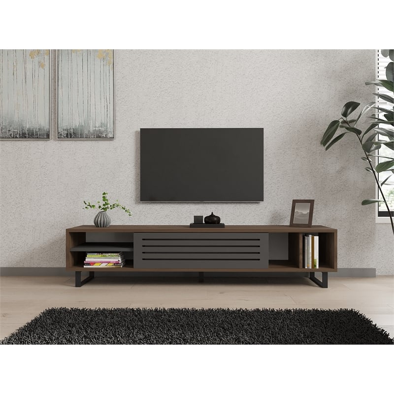 Pemberly Row Eray TV Stand in Walnut and Anthracite with Storage