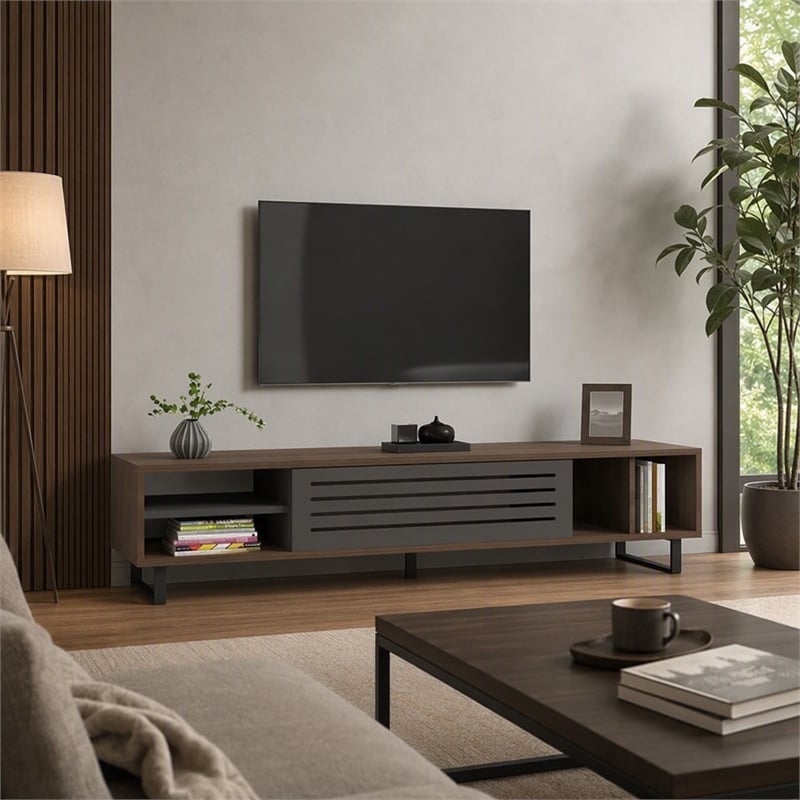 Pemberly Row Eray TV Stand in Walnut and Anthracite with Storage