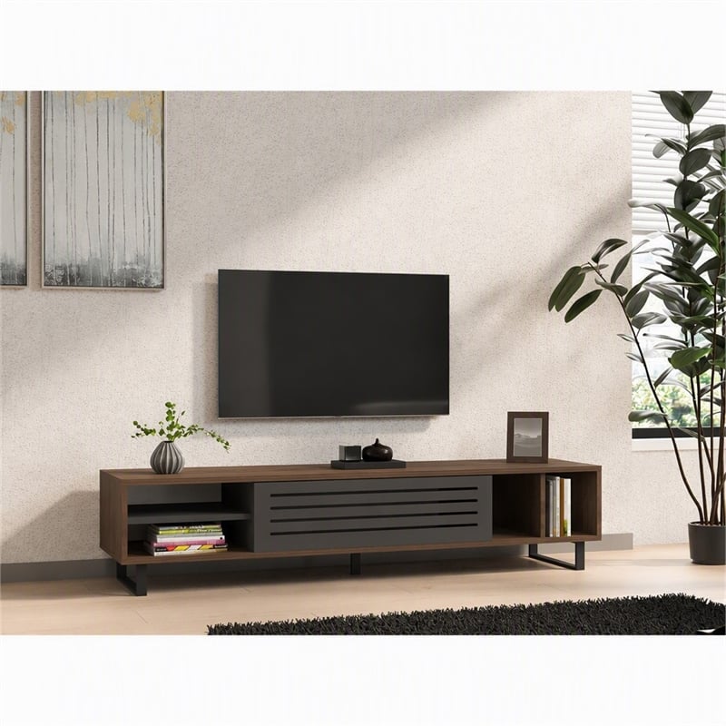 Pemberly Row Eray TV Stand in Walnut and Anthracite with Storage