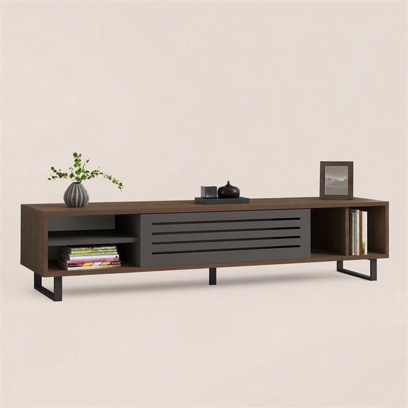 Pemberly Row Eray TV Stand in Walnut and Anthracite with Storage