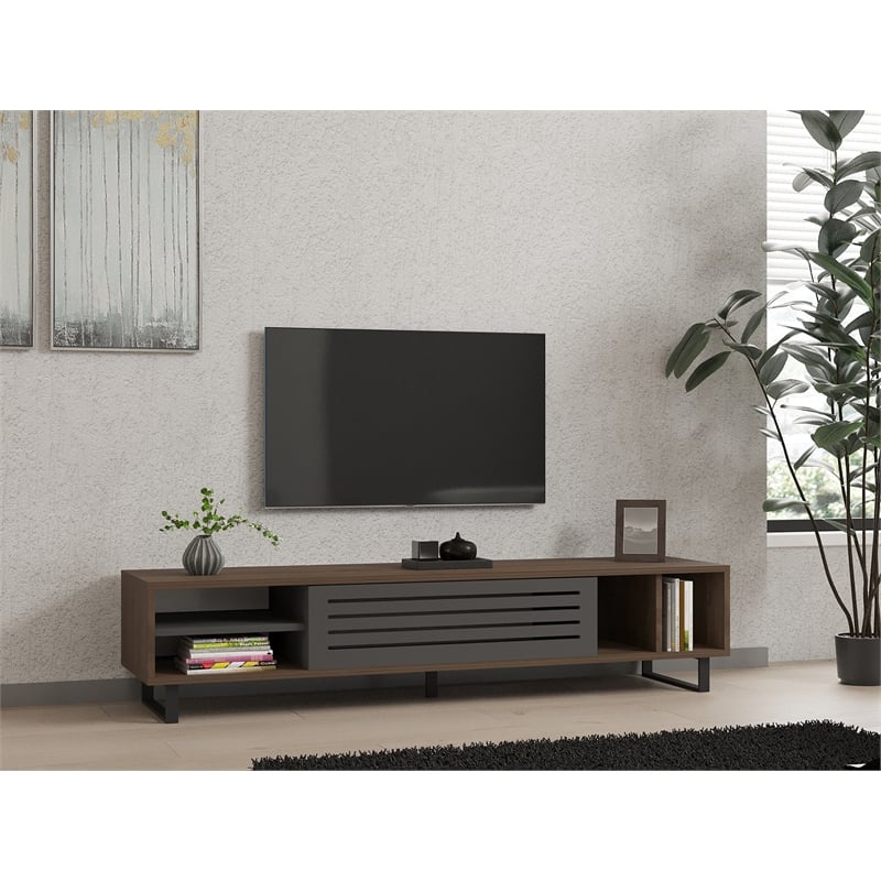 Pemberly Row Eray TV Stand in Walnut and Anthracite with Storage