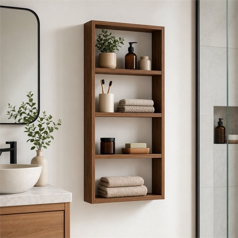 Pemberly Row Walnut Wall Shelf with Multiple Storage Levels