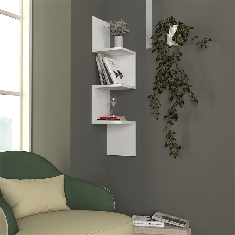 Pemberly Row Corner Wall Shelf in White Melamine-Coated Particle Board