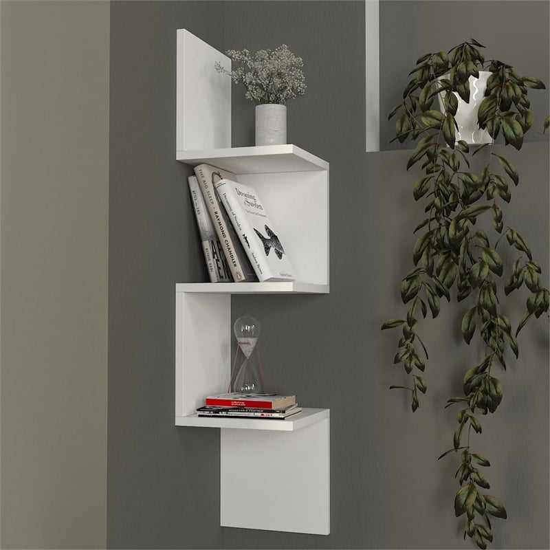 Pemberly Row Corner Wall Shelf in White Melamine-Coated Particle Board