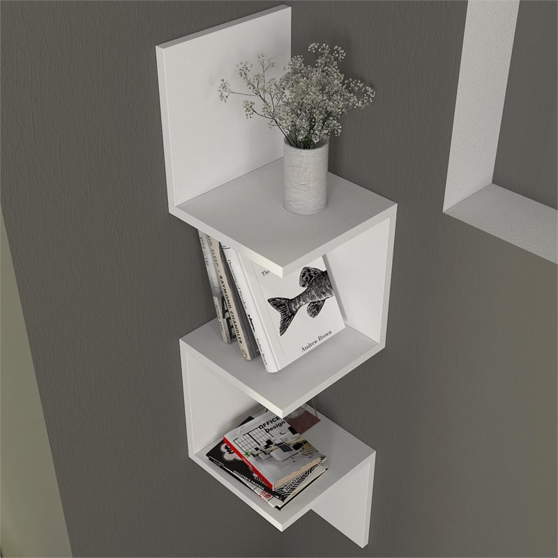 Pemberly Row Corner Wall Shelf in White Melamine-Coated Particle Board