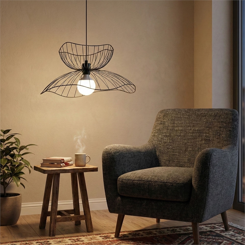 Pemberly Row Industrial Adjustable Height Chandelier in Black