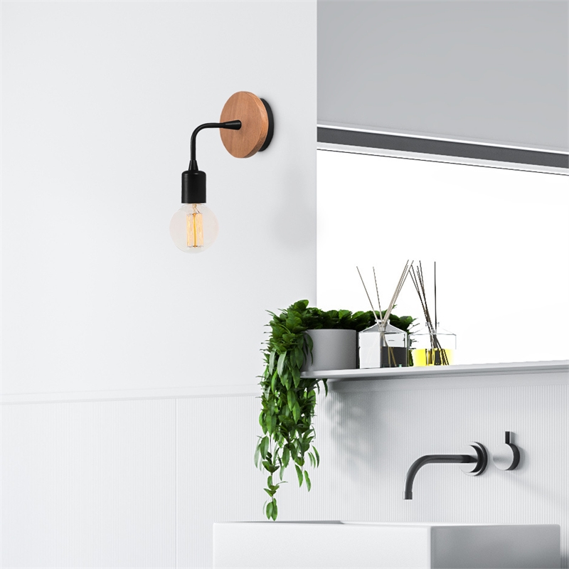 Pemberly Row Industrial Wall Lamp with Metal Body & Wooden Base in Black