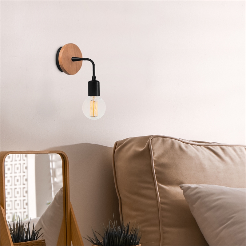 Pemberly Row Industrial Wall Lamp with Metal Body & Wooden Base in Black