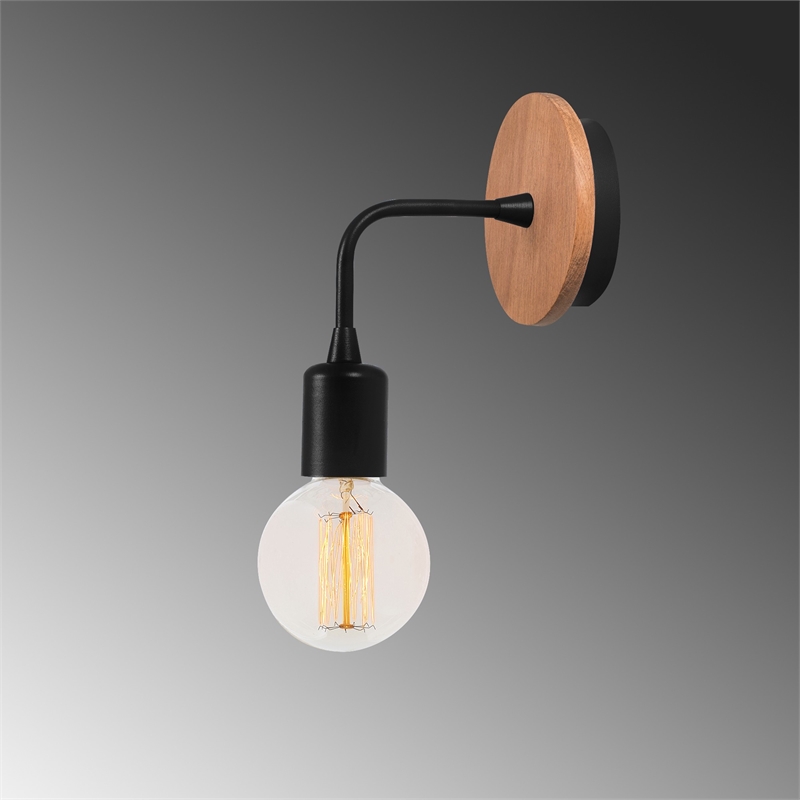 Pemberly Row Industrial Wall Lamp with Metal Body & Wooden Base in Black