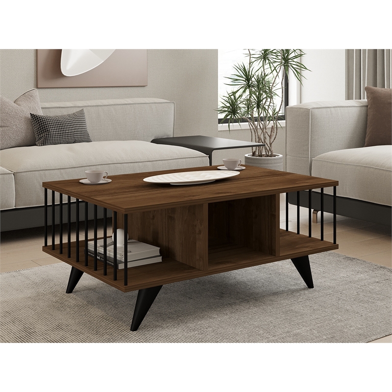 Pemberly Row Walnut Coffee Table with Spacious Surface and Lower Shelf