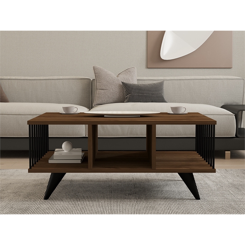 Pemberly Row Walnut Coffee Table with Spacious Surface and Lower Shelf