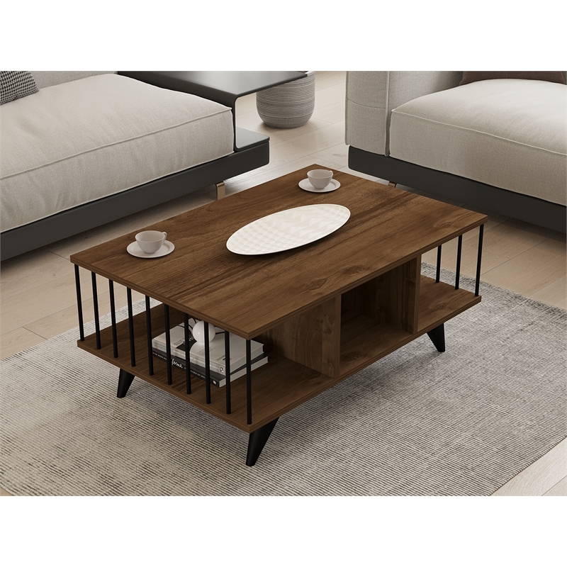 Pemberly Row Walnut Coffee Table with Spacious Surface and Lower Shelf