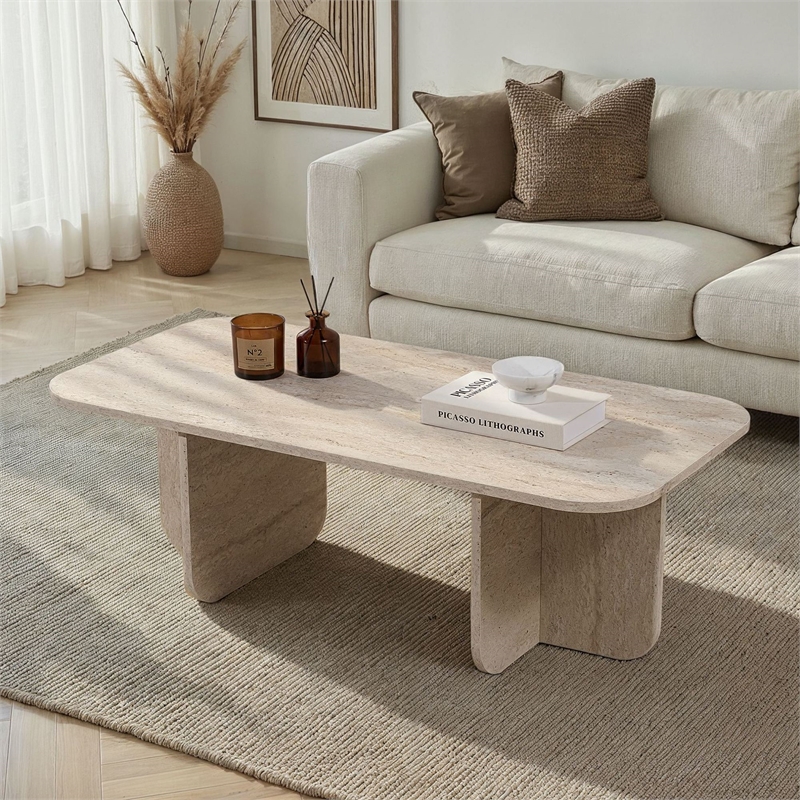Pemberly Row Modern Coffee Table in Travertine Finish