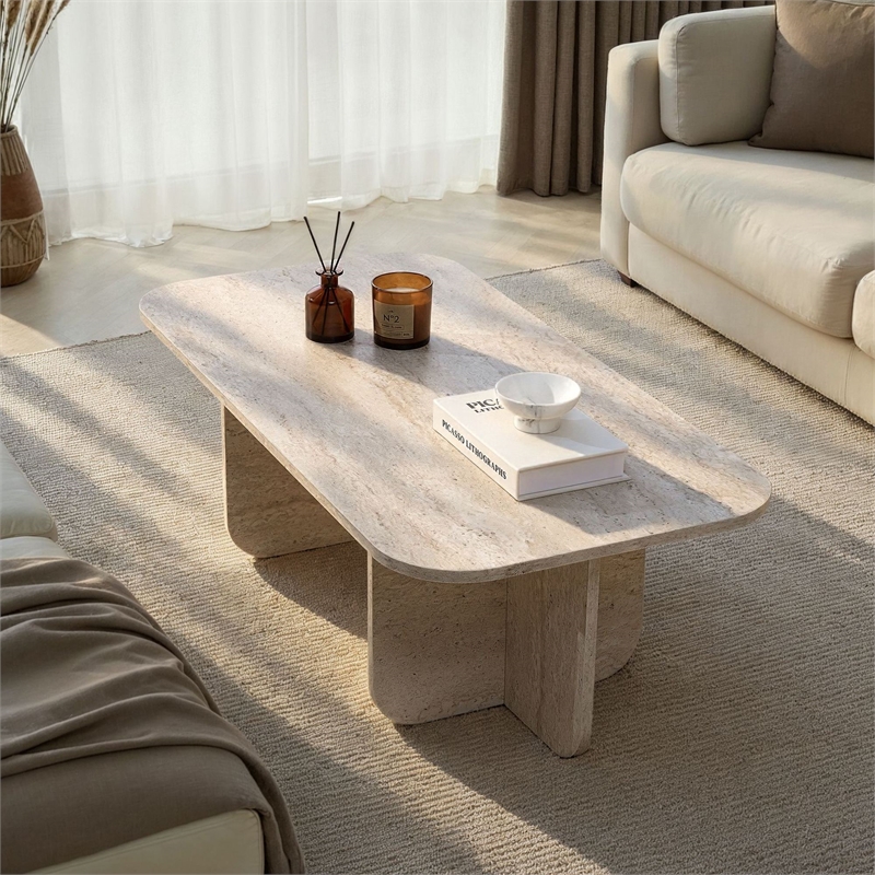 Pemberly Row Modern Coffee Table in Travertine Finish