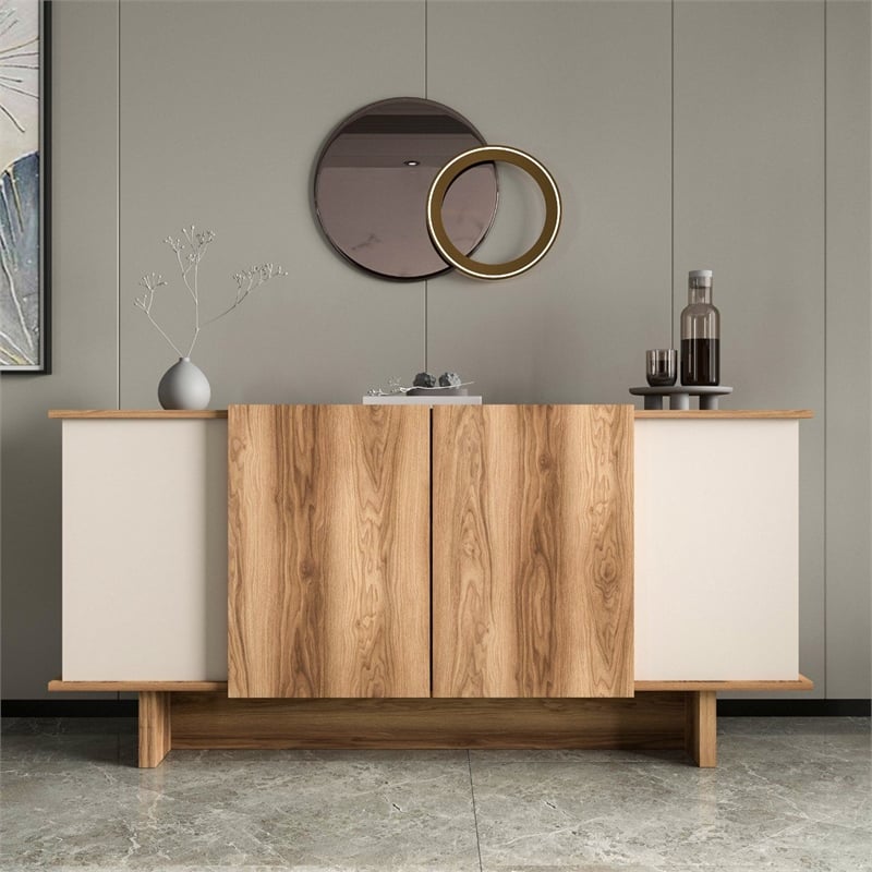 Pemberly Row Console Table in Sand and Walnut with Storage Shelves