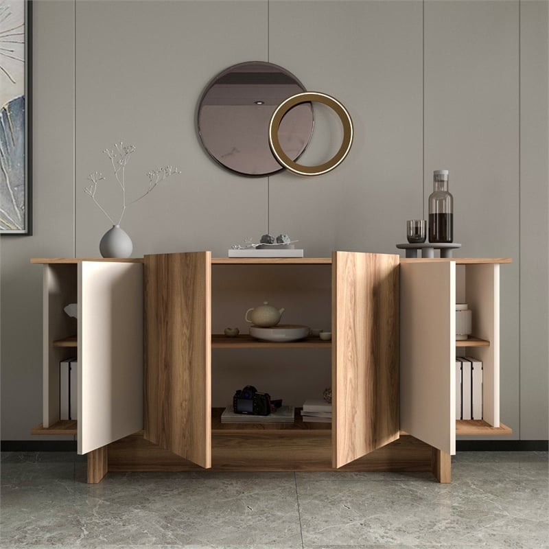 Pemberly Row Console Table in Sand and Walnut with Storage Shelves