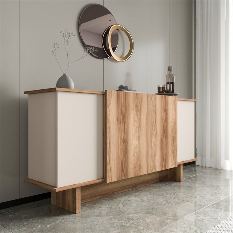 Pemberly Row Console Table in Sand and Walnut with Storage Shelves