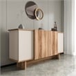 Pemberly Row Console Table in Sand and Walnut with Storage Shelves