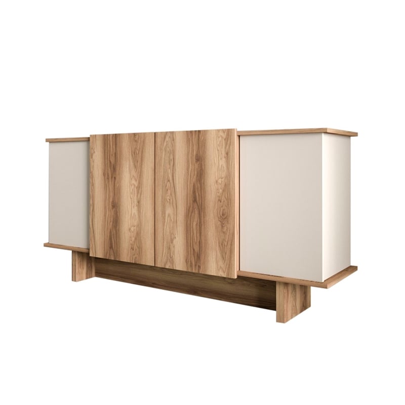 Pemberly Row Console Table in Sand and Walnut with Storage Shelves