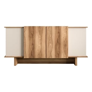 Pemberly Row Console Table in Sand and Walnut with Storage Shelves