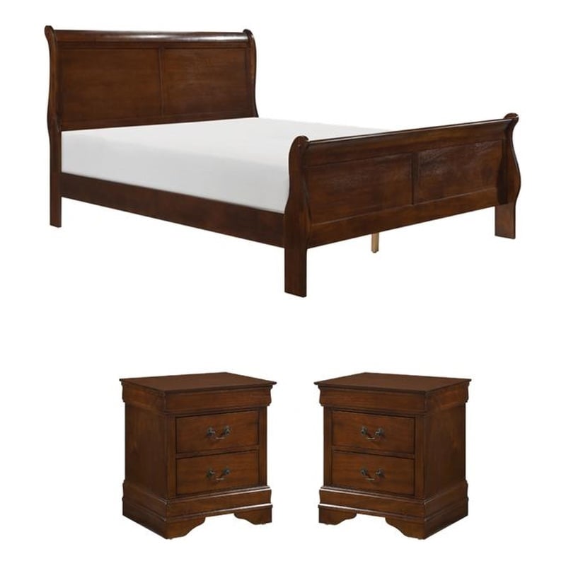 Pemberly Row 3Pc Set of Sleigh Bed and Nightstands in Brown Cherry