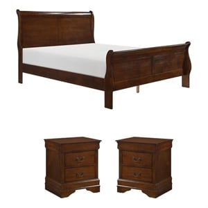 Pemberly Row 3Pc Set of Sleigh Bed and Nightstands in Brown Cherry