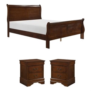 Pemberly Row 3Pc Set of Queen Sleigh Bed and Nightstands in Brown Cherry