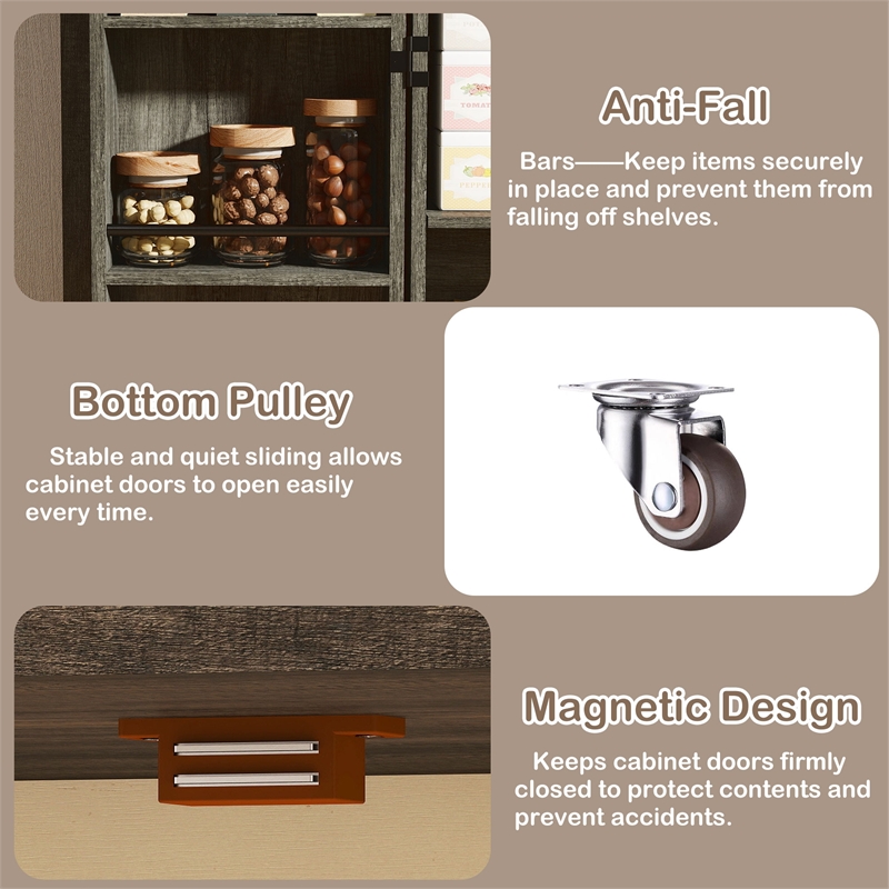Pemberly Row Farmhouse Pantry Cabinet with LED Light and Barn Doors