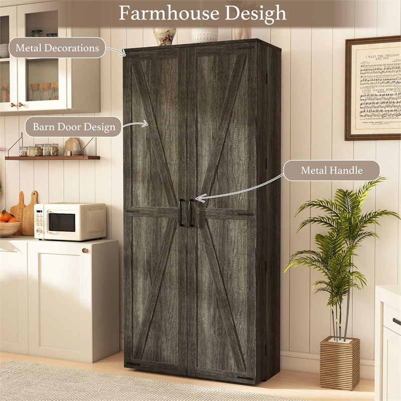 Pemberly Row Farmhouse Pantry Cabinet with LED Light and Barn Doors