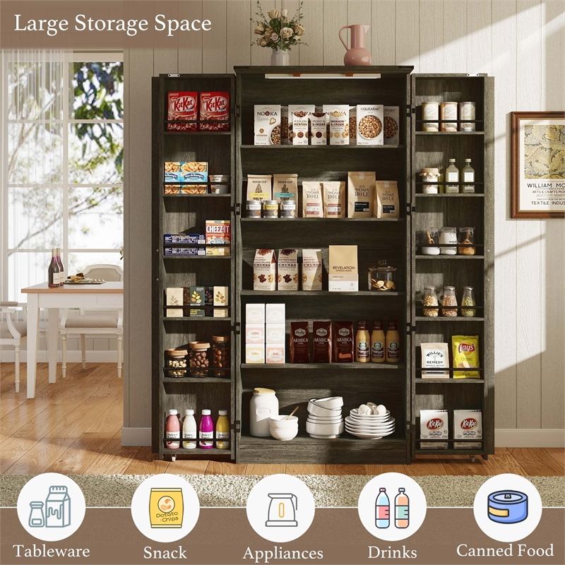 Pemberly Row Farmhouse Pantry Cabinet with LED Light and Barn Doors