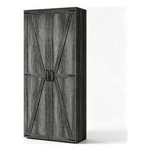 Pemberly Row Farmhouse Pantry Cabinet with LED Light and Barn Doors